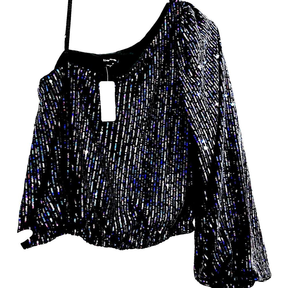 Bebe NWT Size 10 dressy one shoulder top blouse black & multicolor sequins
